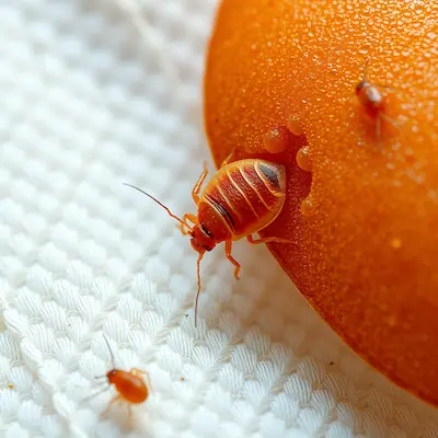 Close-up of bed bugs on white mattress fabric representing the need for professional bed bug inspection and treatment